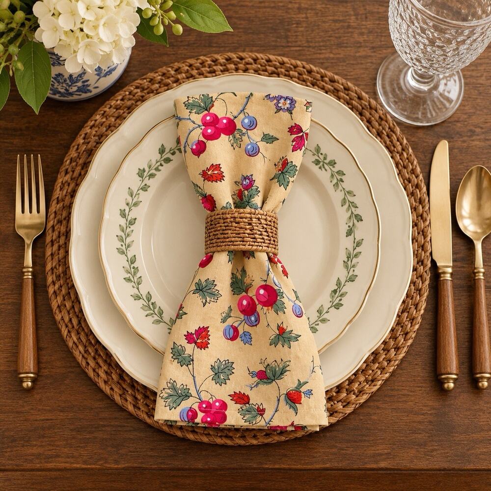 Williams Sonoma Fruit Print Yellow Dinner Napkins Set of 4 New 20 X 20
